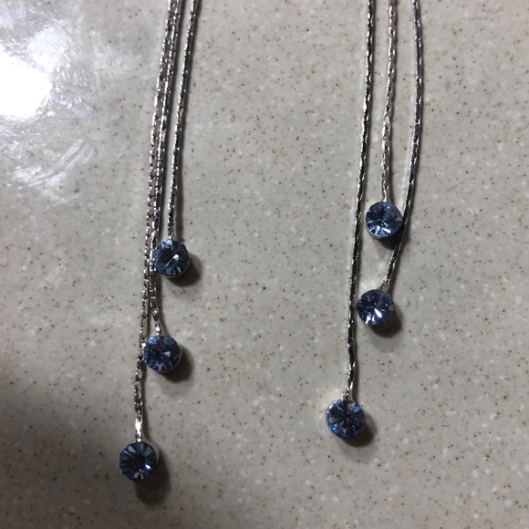 Ultra Long Silver and Blue Crystal Earrings - Picture 4 of 6